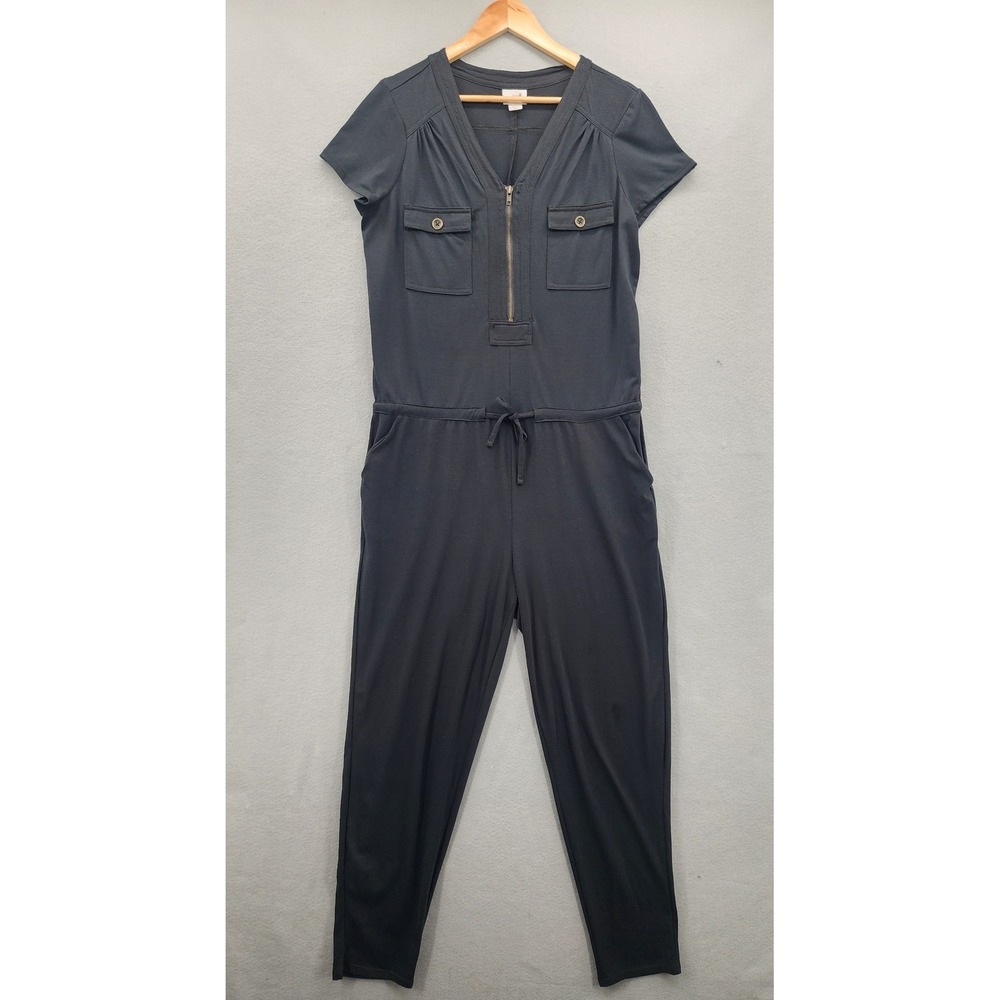 Jaclyn Smith Collection Black Short Sleeve Utility Jumpsuit Zip Front Size Large
